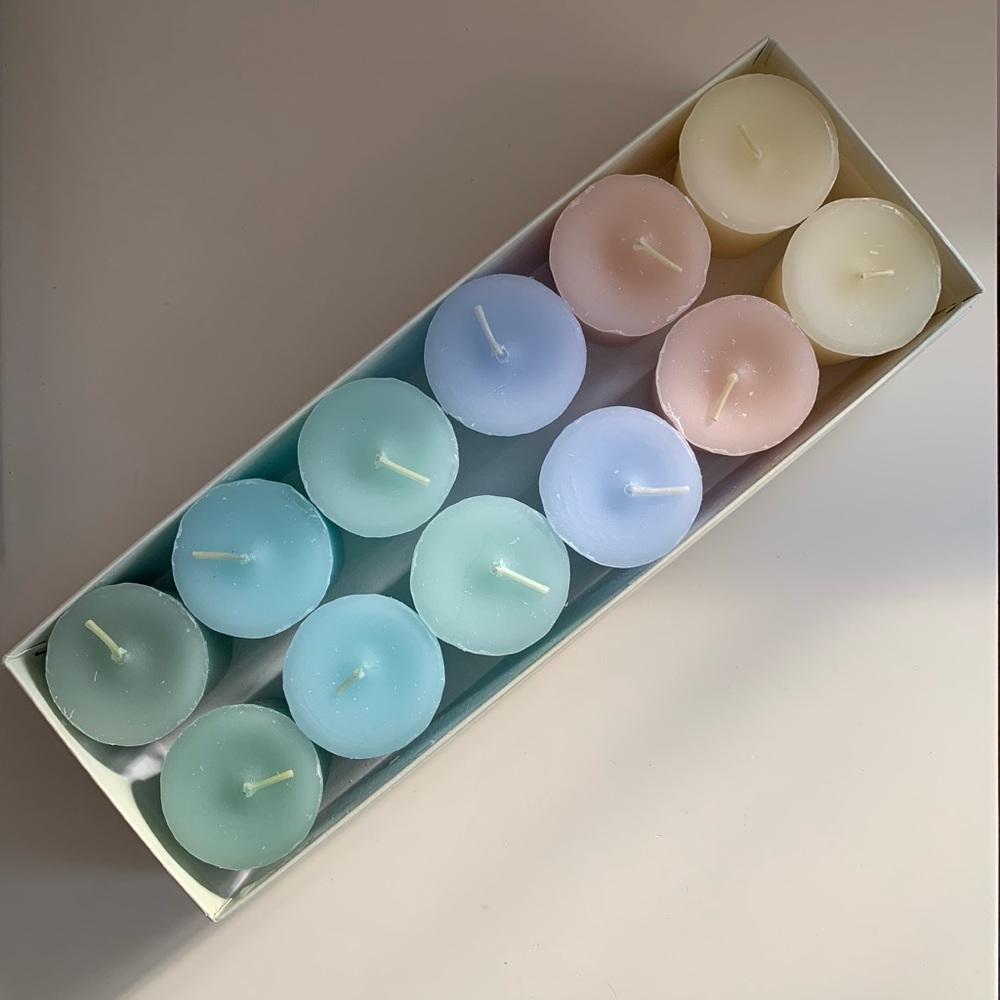 NEW Votive Candles Set of 12 Pastel Colors Unscented Boxed Pillar 2” Tall